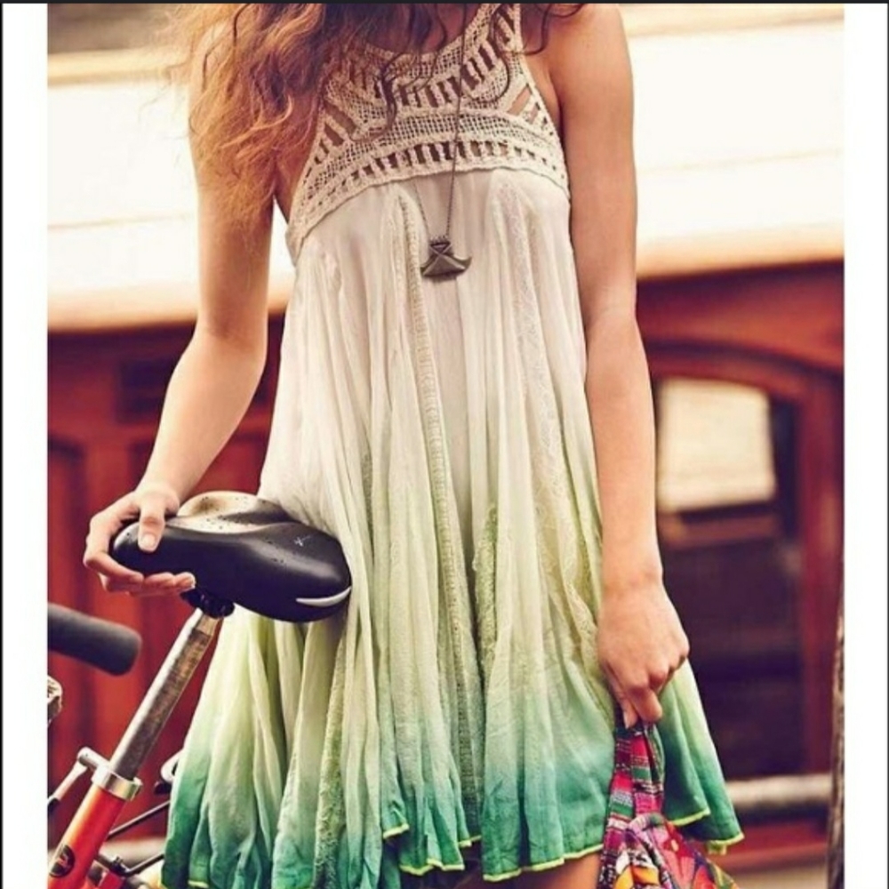 FP One (Free People) RARE white & green boho midi dress w/ straps & lace Sz Sm
